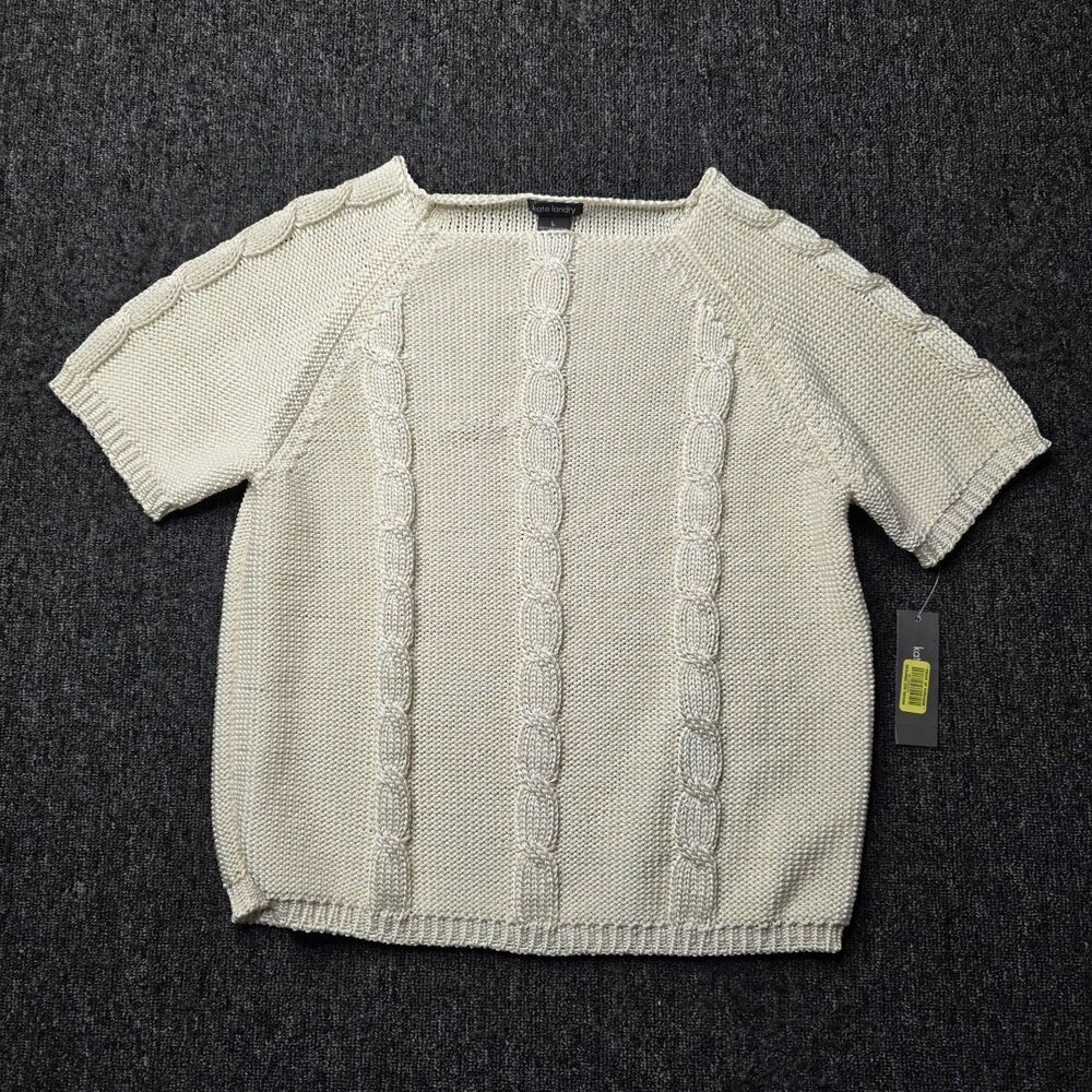 Kate Landry Women’s Sweater L Cream Short Sleeve Square Neck Textured Knit NWT